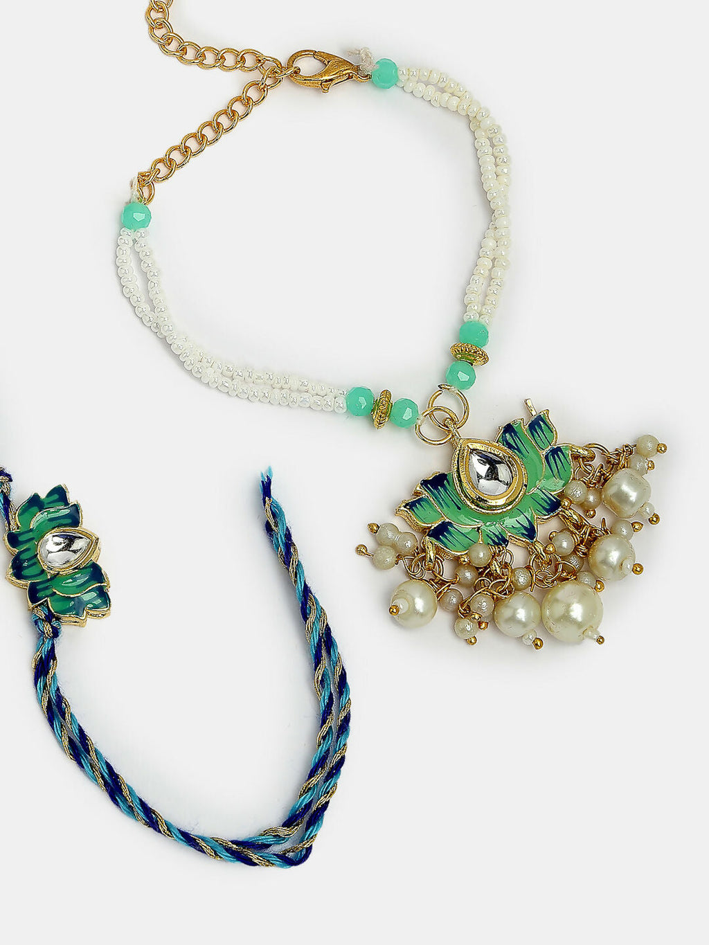 NVR Women & Men Set of 2 Turquoise Blue Lotus Shape Kundan-Studded & Beaded Rakhi Set With Roli Chawal & Chocolate | Grocsy