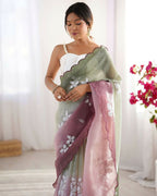 Pista and Wine Crunchy Crush Pedding Color Embroidery Work Party Wear Saree - Zuleika | Grocsy