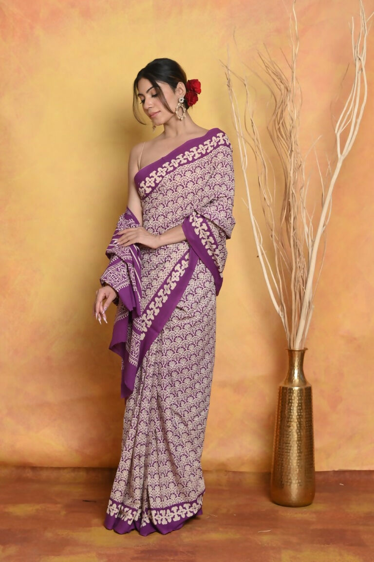 Very Much Indian Handblock Printed Cotton Saree With Natural Dyes - White | Grocsy