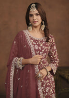 Faux Georgette Taupe Mauve Embroidered Festive Salwar Suit - Emponline | Grocsy