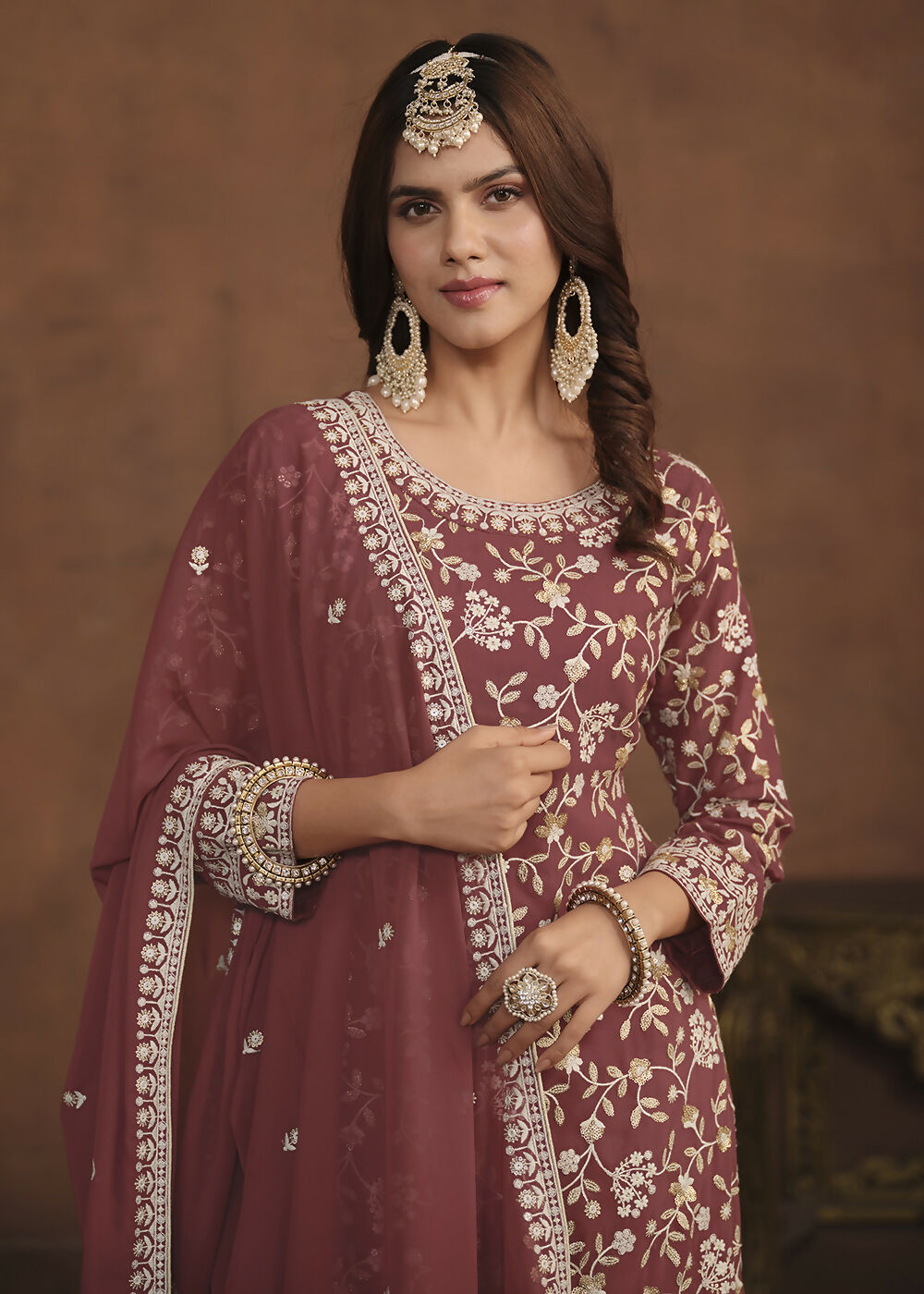 Faux Georgette Taupe Mauve Embroidered Festive Salwar Suit - Emponline | Grocsy