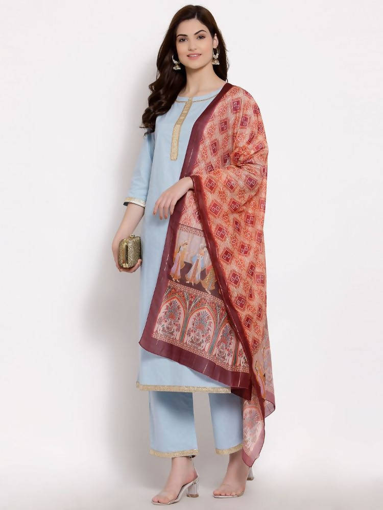 Myshka Women's Blue Cotton 3/4 Sleeve Round Neck Solid Casual Kurta Pant Dupatta Set | Grocsy