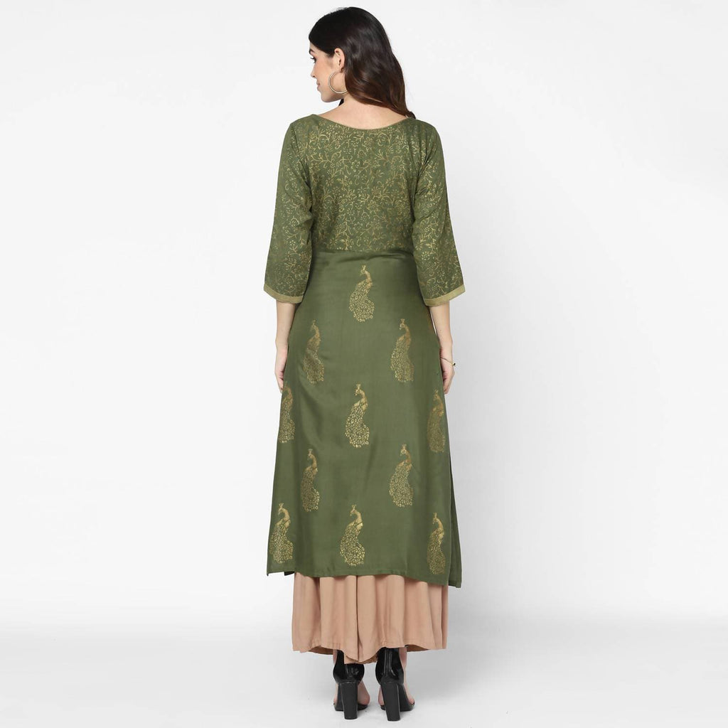 Cheera Hand Block Print Olive Green & Skin Color Straight Kurta With Palazzo (MAAI-083K) | Grocsy