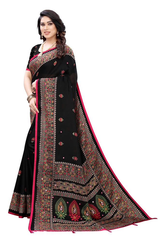 Vamika Black Jute Silk Mirror Work Saree | Grocsy