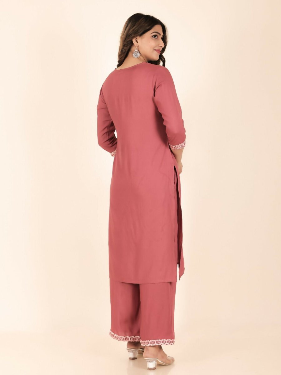 Aramya Pink Rayon Solid Print Straight Kurta Palazzo Set for Women | Grocsy