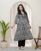 Vaasvablack Floral Cotton Printed Gathered Kurti With Pant | Grocsy