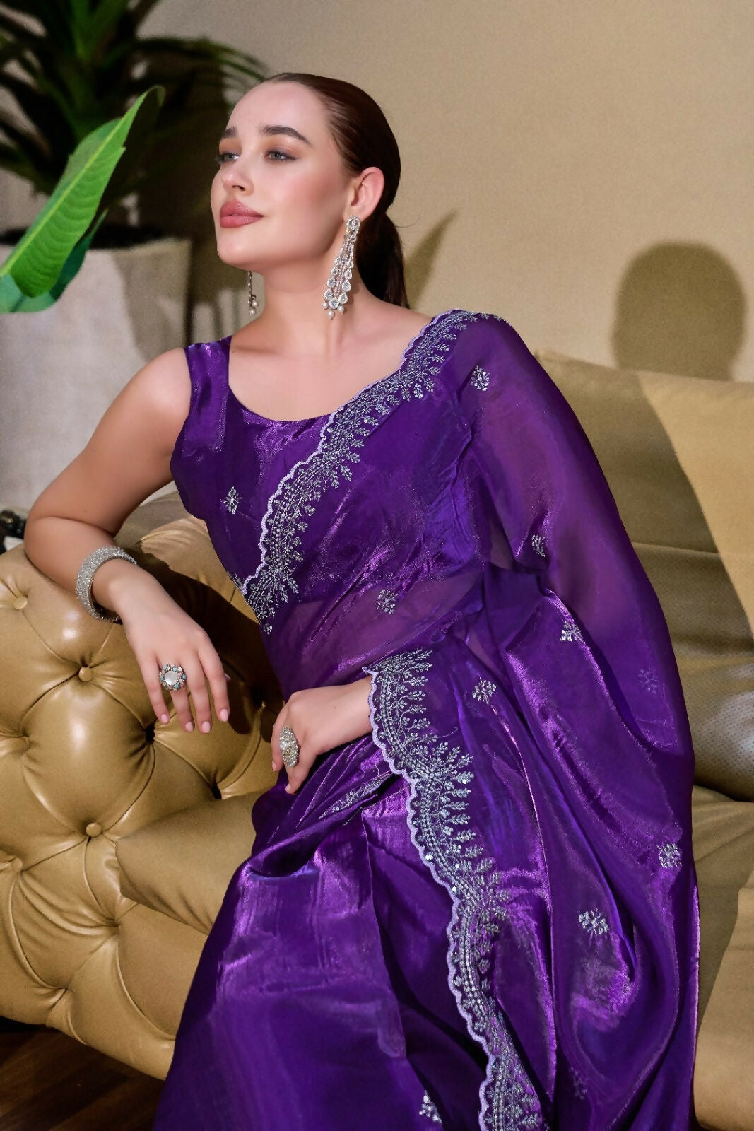 Vastranavya Purple-Blue Embroidery Work Shimmer Chiffon Saree with Unstitched Blouse | Grocsy