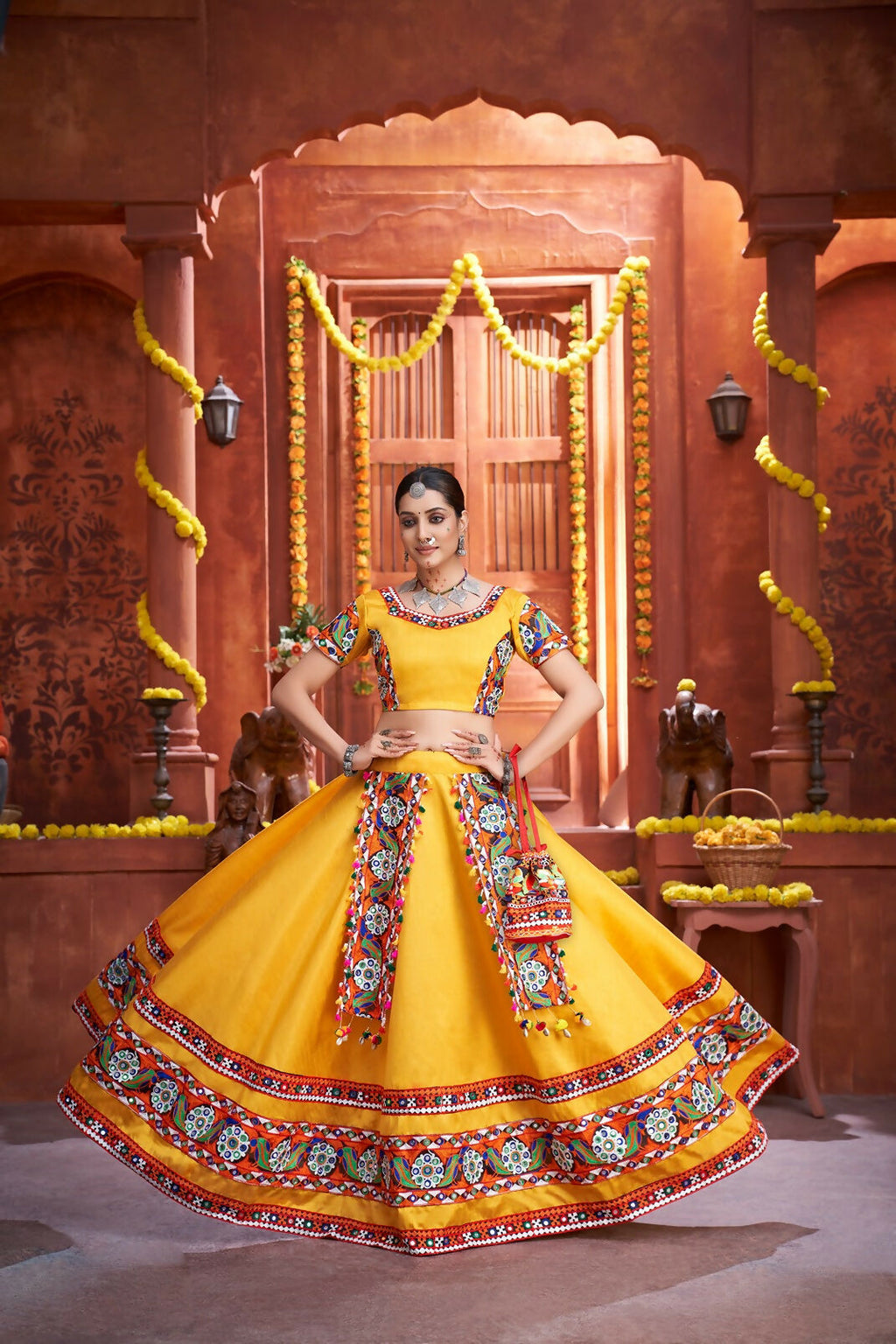AI Fashion Yellow Art Silk Designer Navratri Lehenga Choli Collection | Grocsy