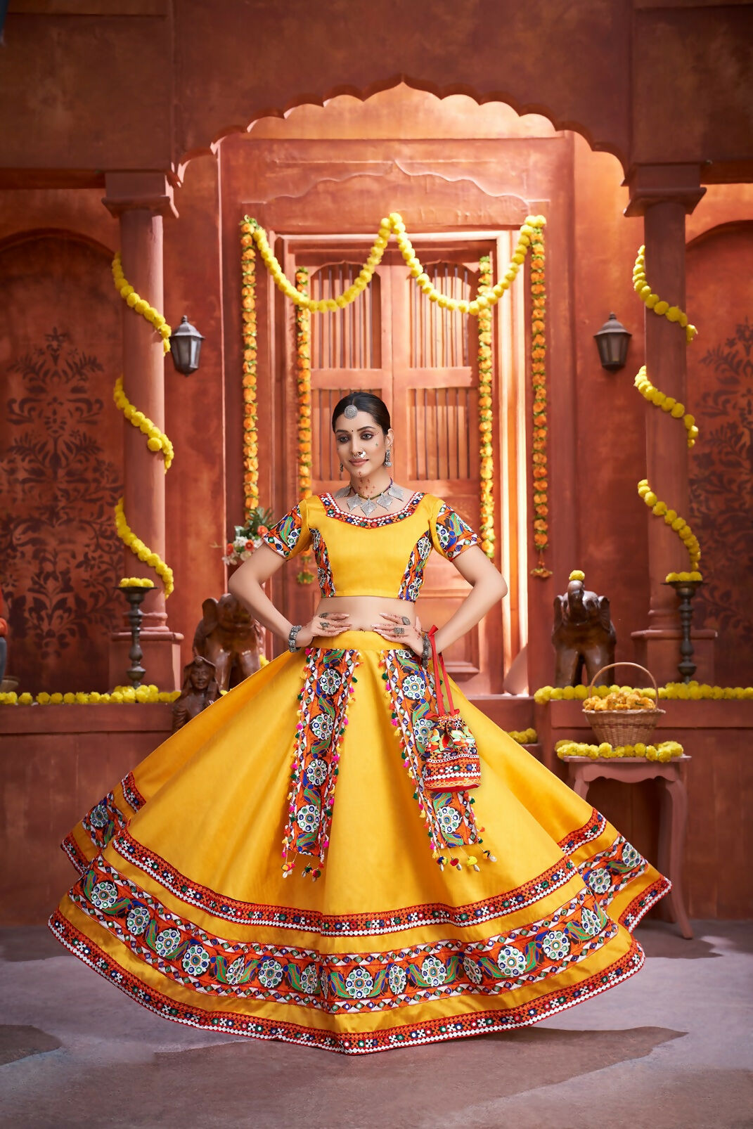 AI Fashion Yellow Art Silk Designer Navratri Lehenga Choli Collection | Grocsy