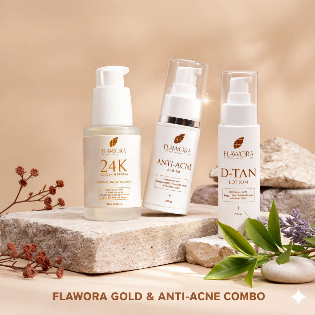 Flawora Set of D-Tan Lotion, Anti Acne Serum and Golden Glow Face Serum | Grocsy