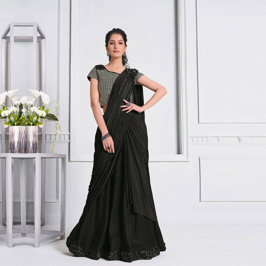 Black Lycra Cord And Sequins Embriodery Saree - Mohmanthan Izzara | Grocsy