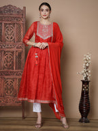 Myshka Women's Red Anarkali Kurta & With Dupatta | Grocsy