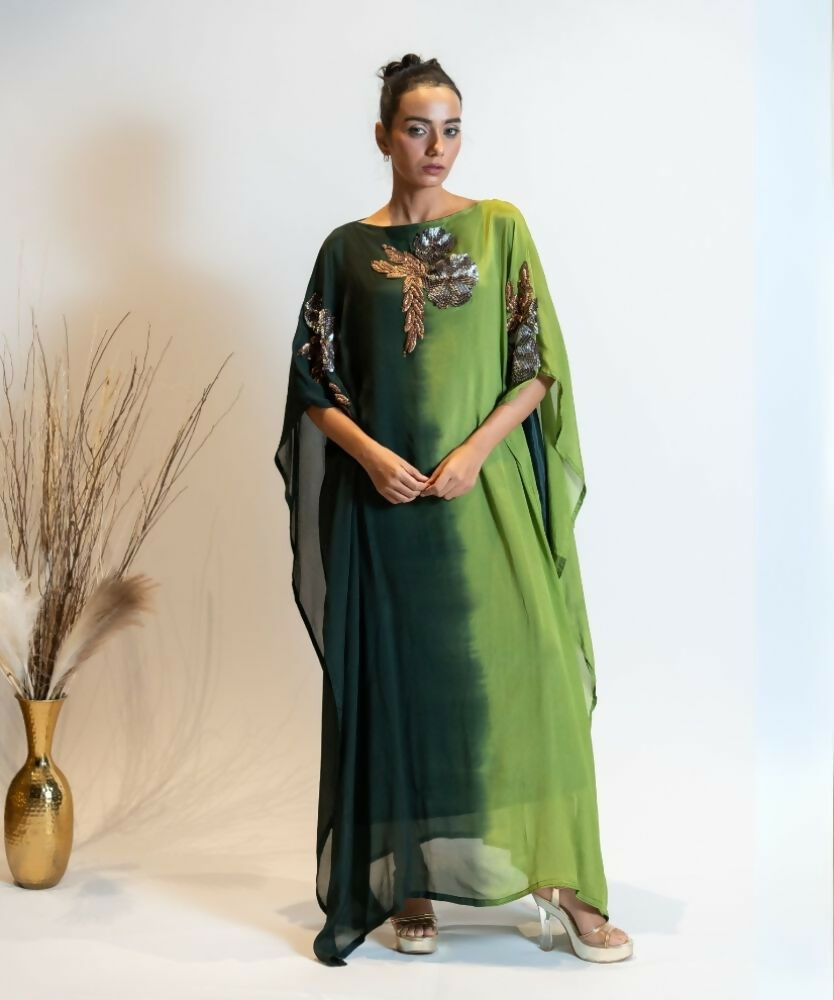Timaraa Forest Green Ombre Embellished Georgette Kaftan Dress | Grocsy