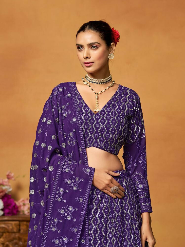 Purple Thread Sequence Embroidered Georgette Lehenga Choli - Jihu Culture | Grocsy