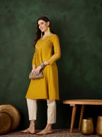 Sangria Floral Embroidered Thread Work Cotton A-Line Kurta | Grocsy