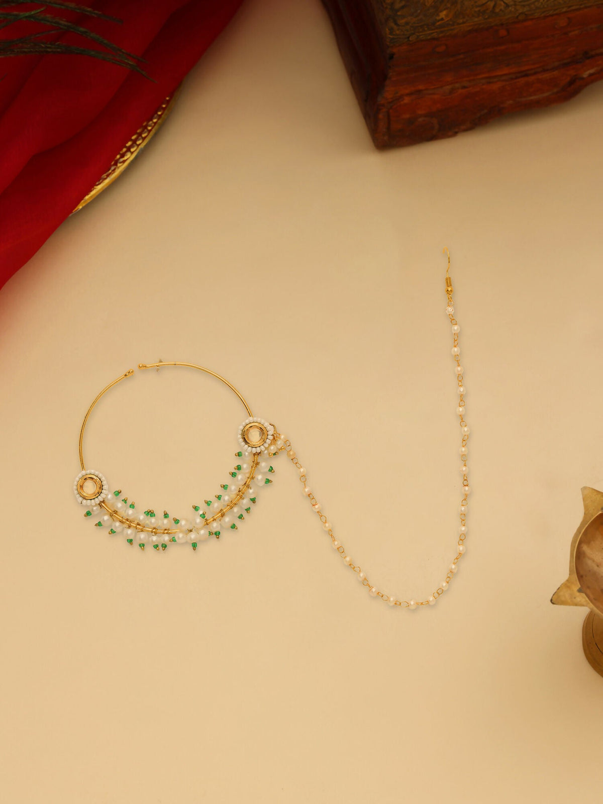Ruby Raang 22k Gold Polished Kundan Maharani Nose Ring (Clip On) | Grocsy