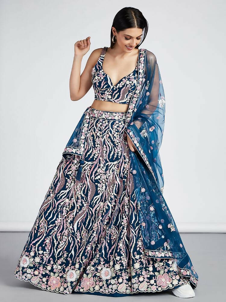 House of Panchhi Navy Blue Net Sequins And Thread Embroidery Lehenga Choli & Dupatta | Grocsy