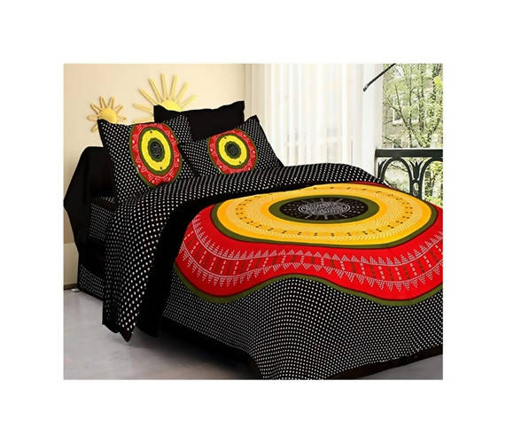 Vamika Printed Cotton Black Color & Multicolor Bedsheet With Pillow Covers (LEOC_BANDJ_BL) | Grocsy