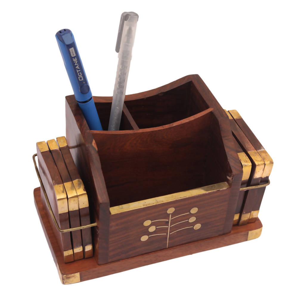 Nizalia Wooden Coaster And Pen Holder | Grocsy