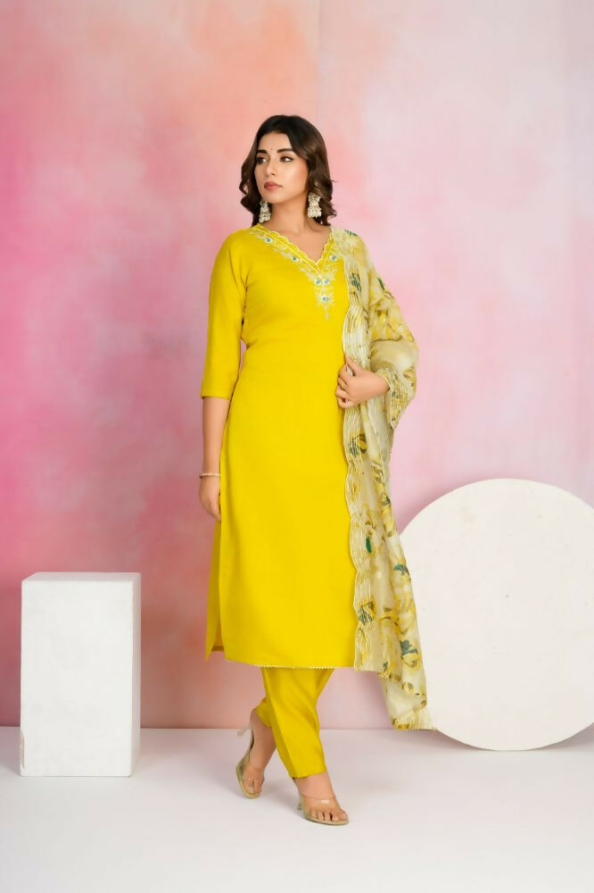 Ethnic Festive Wear Viscose Chanderi Yellow Stitched Suit With Dupatta - Tanisha | Grocsy