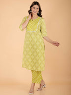 Aramya Green Soft Cotton Geometric Print Straight Kurta Set for Women | Grocsy