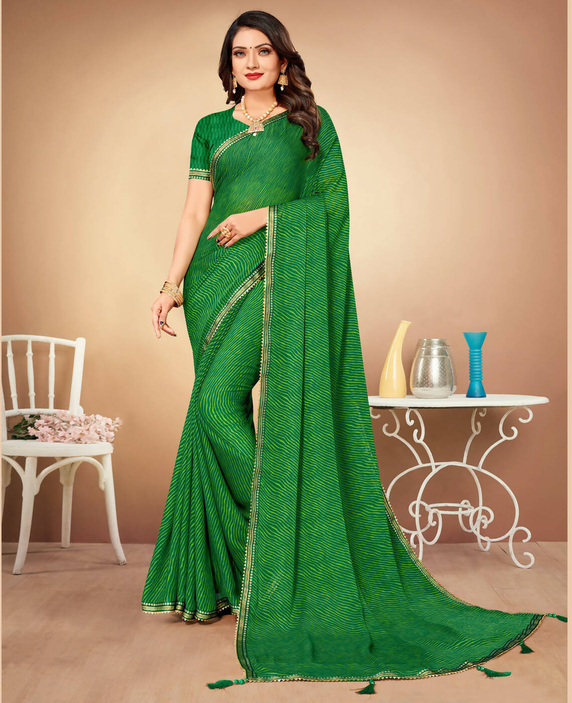 Green Chiffon Leheriya Printed Saree With Unstitched Blouse Piece - Swarna | Grocsy