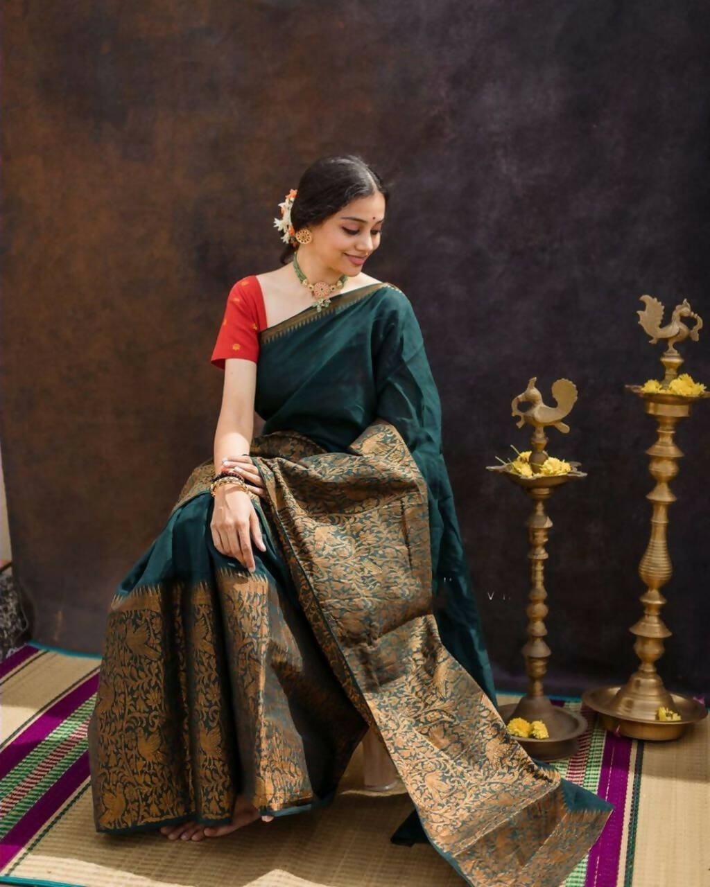 DEIANA'S Beautiful Designer Golden zari Soft Lichi Silk Saree - Green | Grocsy