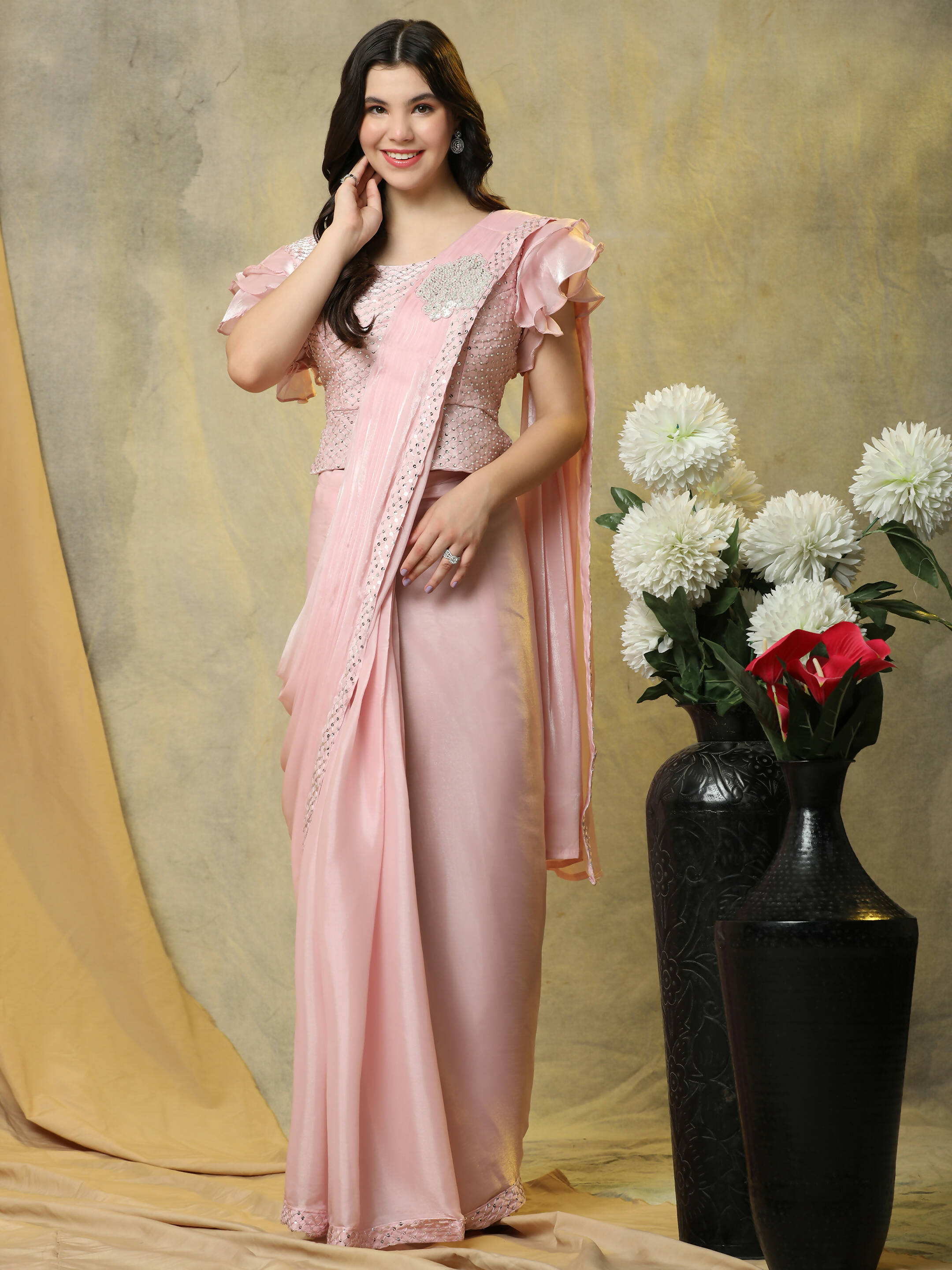 Pink Silk Satin Sequence Work Ready to Wear Saree with stitched Blouse - Nirvana | Grocsy