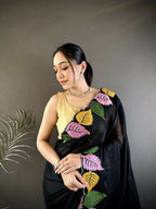Prime Volt Multicolor Leaf Embroidery Rangoli Silk Saree with Scalloped Border-Black | Grocsy