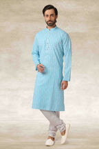 Raivat Ethnic Cotton Printed Work Kurta Pajama In Sky Blue Colour | Grocsy