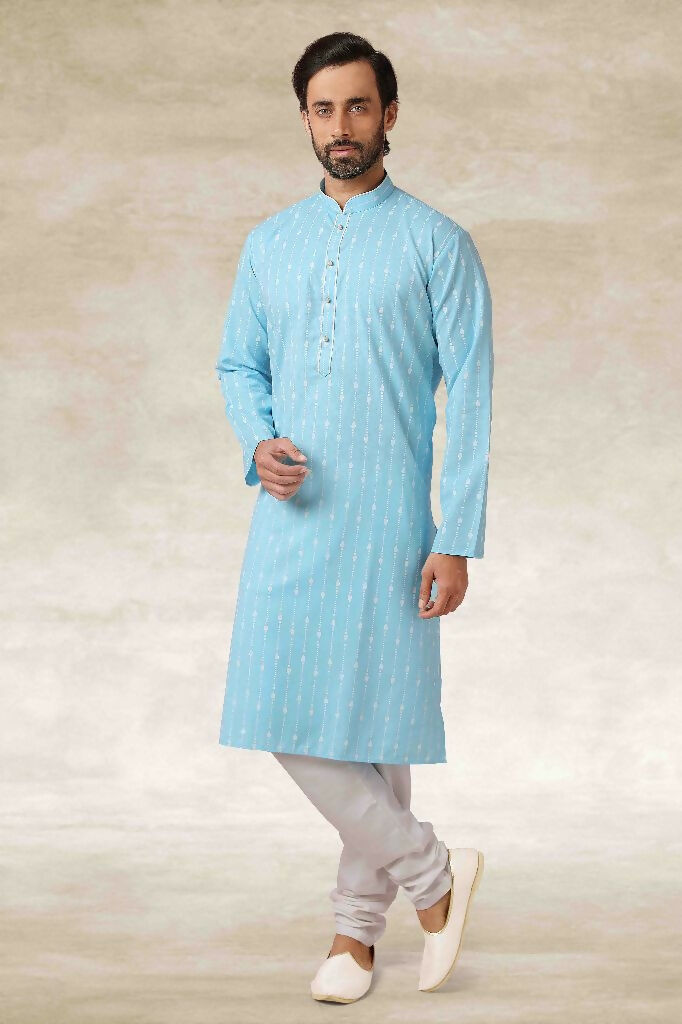 Raivat Ethnic Cotton Printed Work Kurta Pajama In Sky Blue Colour | Grocsy