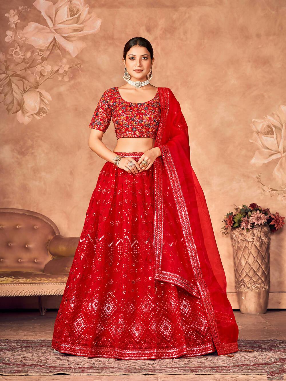 Wedding Designer Red Organzalehengha Choli - Anbazaar | Grocsy