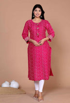Miravan Women's Plus Size Pink Bandhani Pakistani Straight Kurti | Grocsy