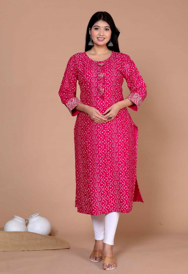 Miravan Women's Plus Size Pink Bandhani Pakistani Straight Kurti | Grocsy