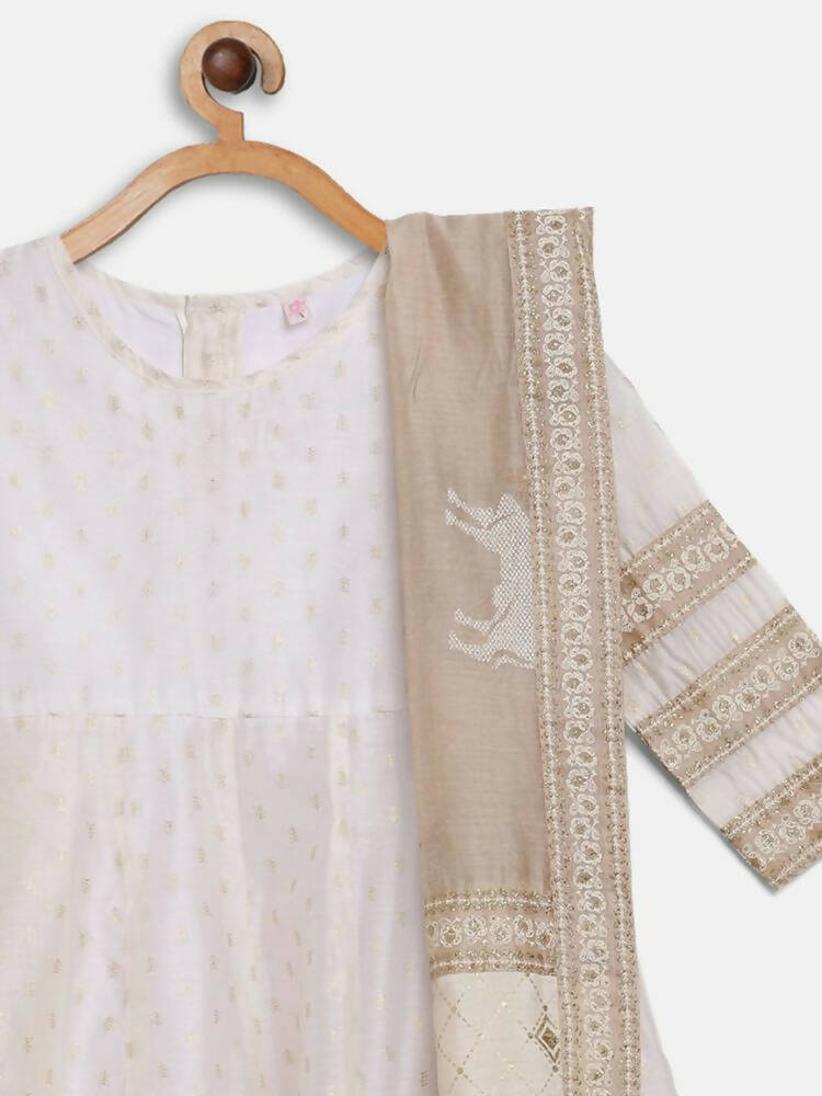 Ahalyaa Off White Chanderi Anarkali Kids Kurta With Dupatta For Girls | Grocsy