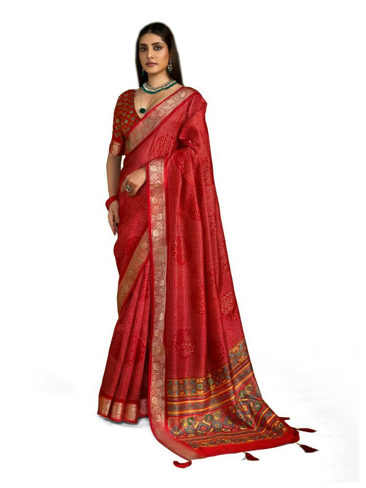 Joban Fashion Red Velvet Tussar Silk with Foil Print Saree | Grocsy