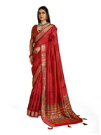 Joban Fashion Red Velvet Tussar Silk with Foil Print Saree | Grocsy