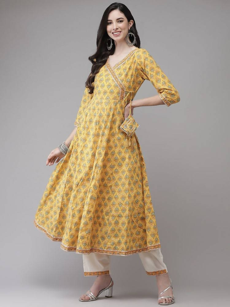 Yufta Women Yellow Floral Print Angrakha Pure Cotton Kurta and Trouser With Dupatta | Grocsy