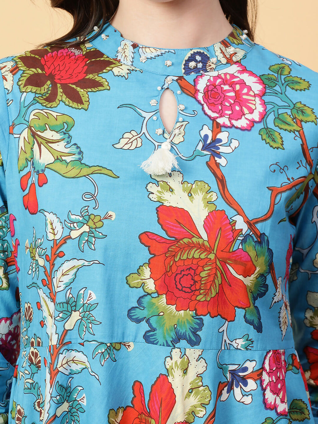 Joban Fashion Turquise Blue Cotton Printed & Hand Work Dress | Grocsy
