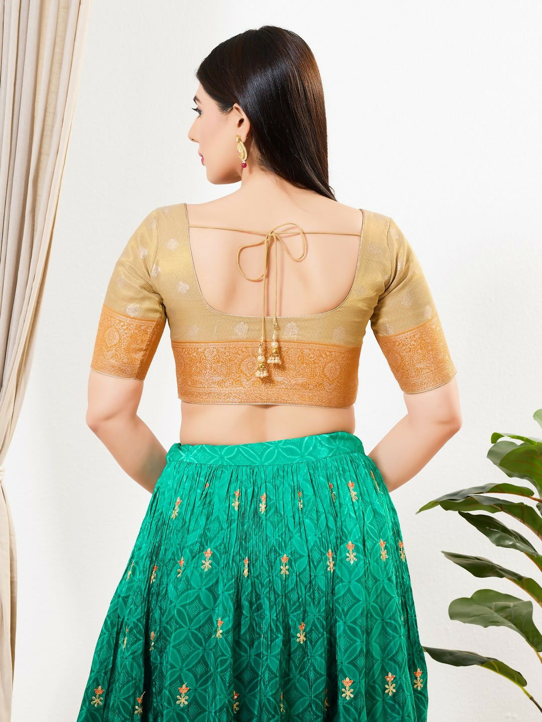 Joban Fashion Gold Tissue Padded Blouse With Round Neck Elbow Sleeves | Grocsy