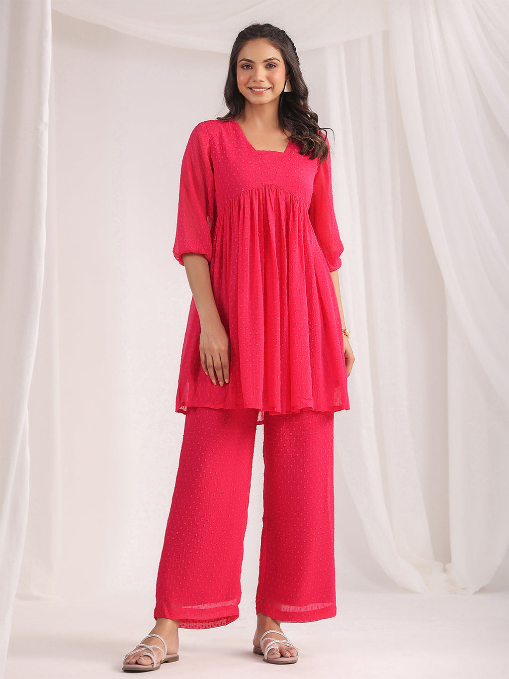 Janasya From Style Master Dobby Georgette Self Design Gathered Top & Bottom Set | Grocsy