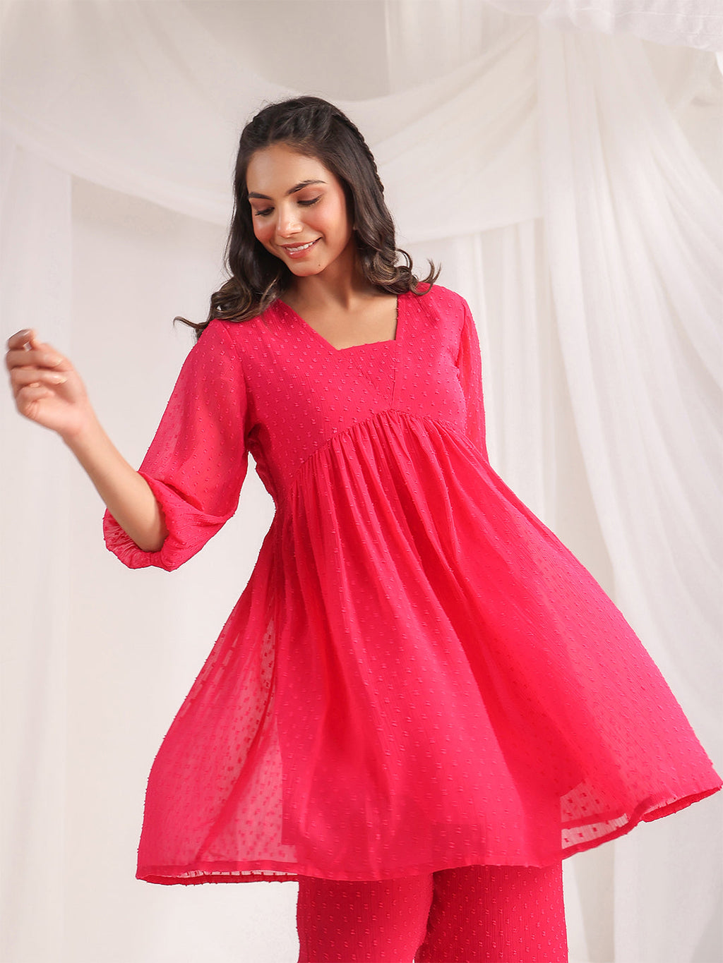Janasya From Style Master Dobby Georgette Self Design Gathered Top & Bottom Set | Grocsy