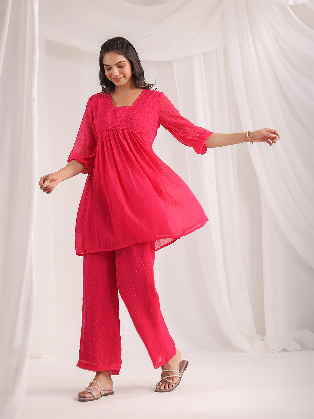 Janasya From Style Master Dobby Georgette Self Design Gathered Top & Bottom Set | Grocsy