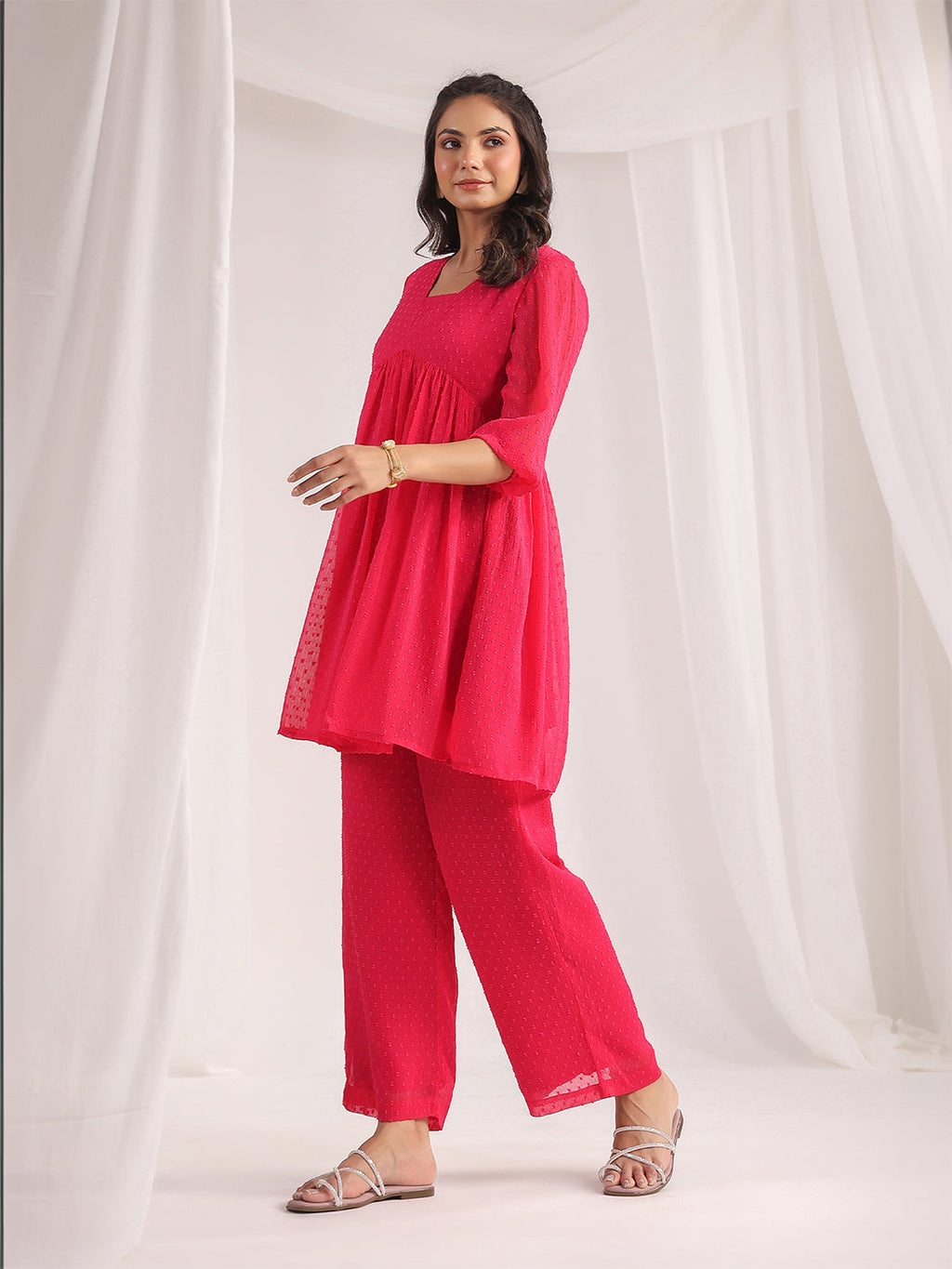 Janasya From Style Master Dobby Georgette Self Design Gathered Top & Bottom Set | Grocsy