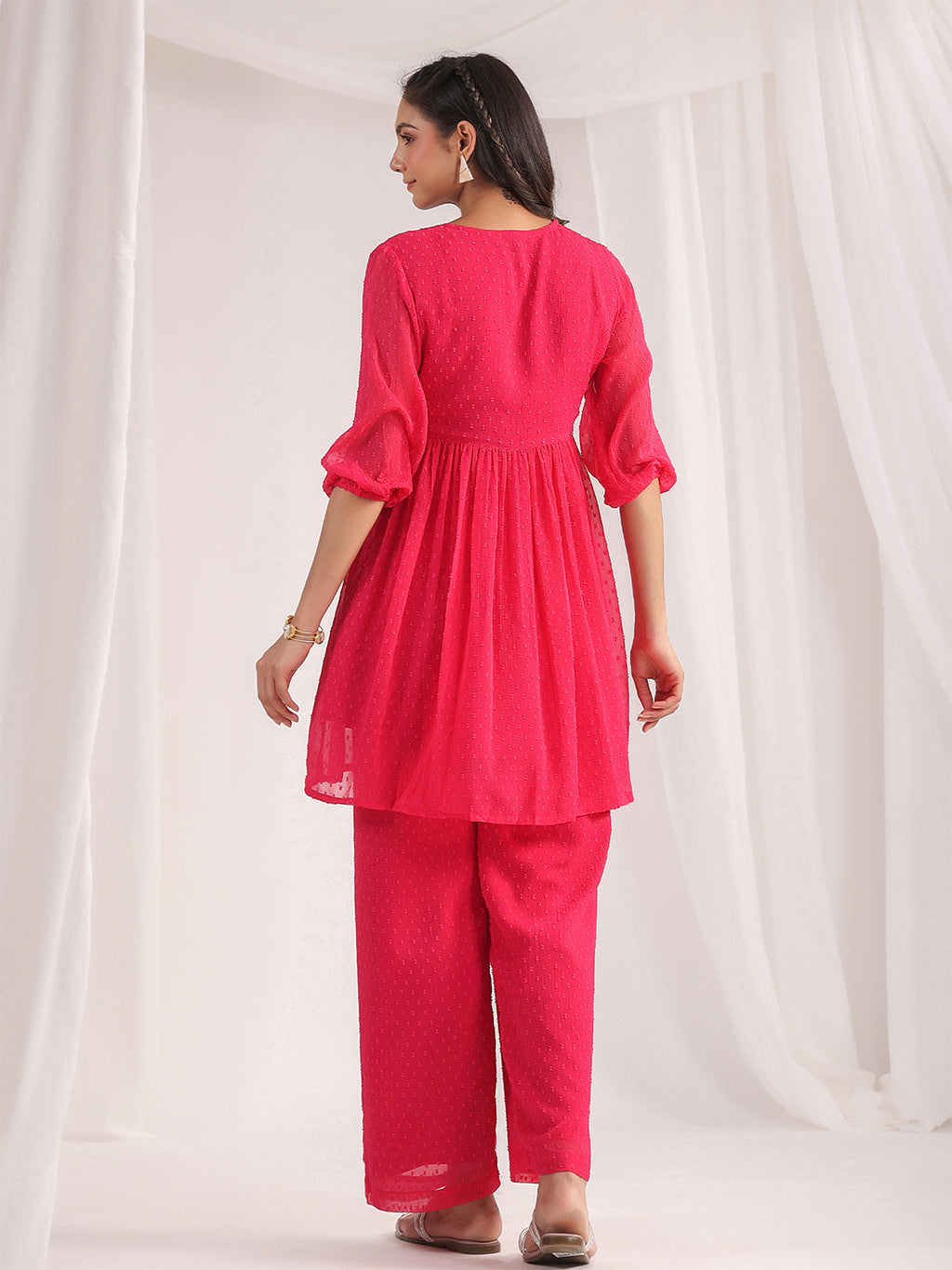 Janasya From Style Master Dobby Georgette Self Design Gathered Top & Bottom Set | Grocsy