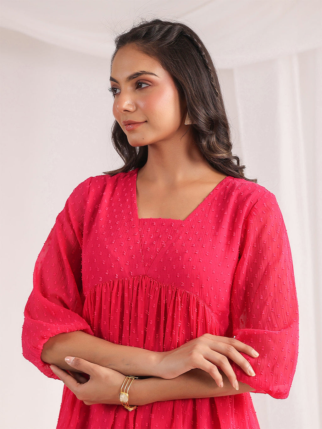 Janasya From Style Master Dobby Georgette Self Design Gathered Top & Bottom Set | Grocsy