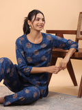 Janasya Straight Cambric Blue Tribal Round Neck Co-Ords | Grocsy