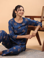 Janasya Straight Cambric Blue Tribal Round Neck Co-Ords | Grocsy