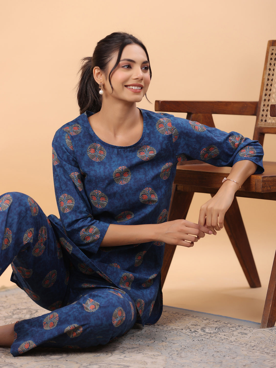 Janasya Straight Cambric Blue Tribal Round Neck Co-Ords | Grocsy