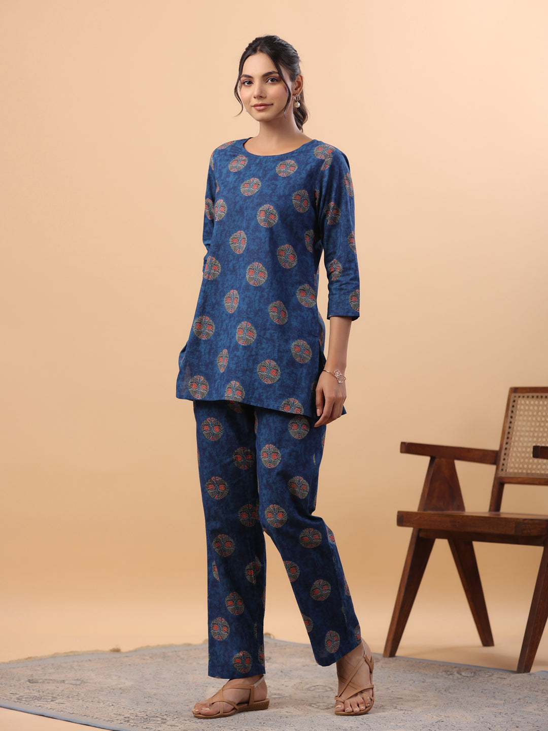 Janasya Straight Cambric Blue Tribal Round Neck Co-Ords | Grocsy